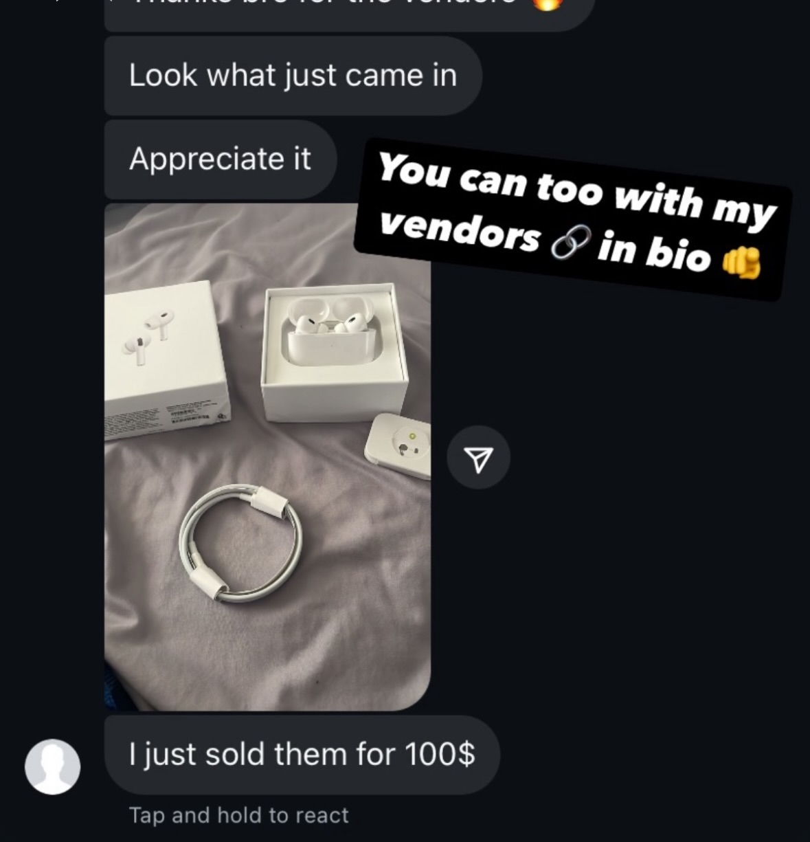 AirPods sold for $100 - customer testimonial
